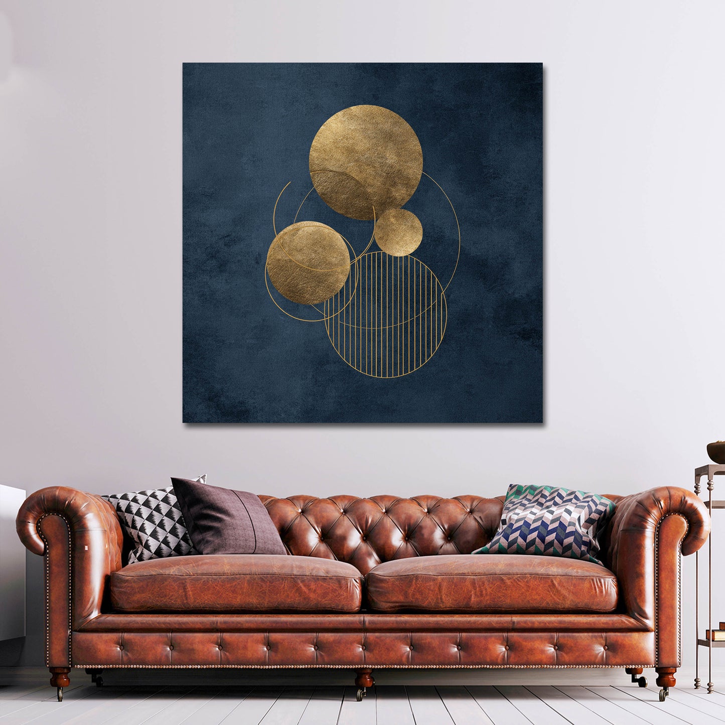 Arte geometrica astratta cerchi oro e blu quadro