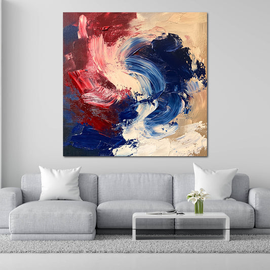 Astratto blu rosso crema pennellate vivaci su fondo neutro quadro