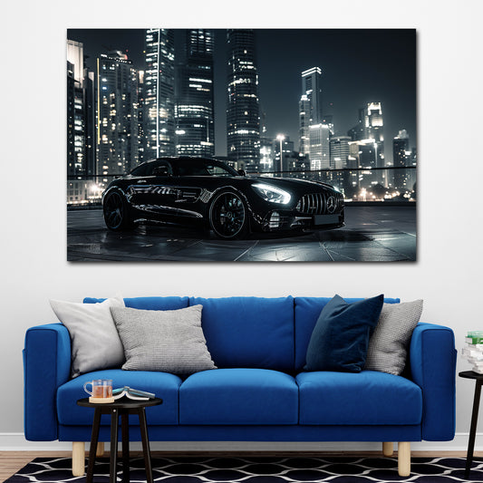 Auto sportivo nero città notturna skyline lusso quadro