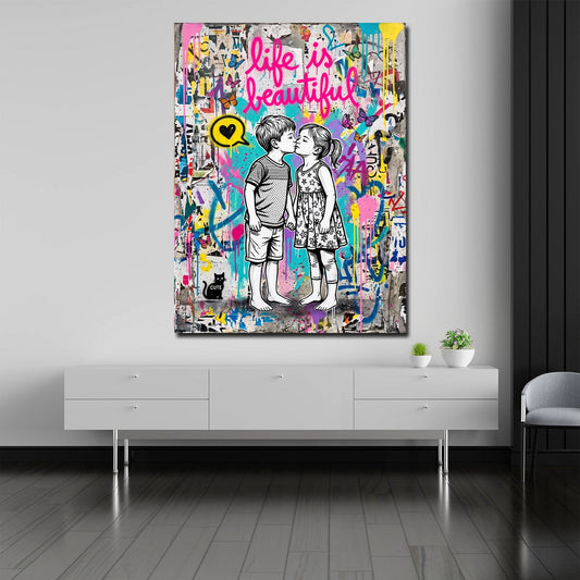 Quadro bacio tra bambini Street Art in camera da letto