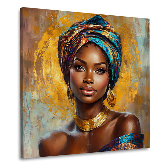 Bellezza africana ritratto raffinato con turbante oro quadro