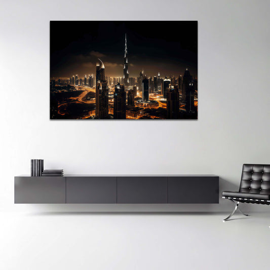 Burj Khalifa a Dubai luci notturne dello skyline panoramico quadro