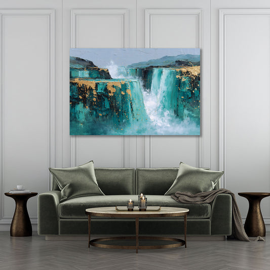 Cascata astratta natura turchese roccia accenti oro arte quadro