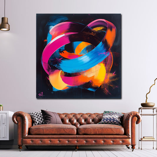 Colori neon cerchi astratti su sfondo scuro quadro