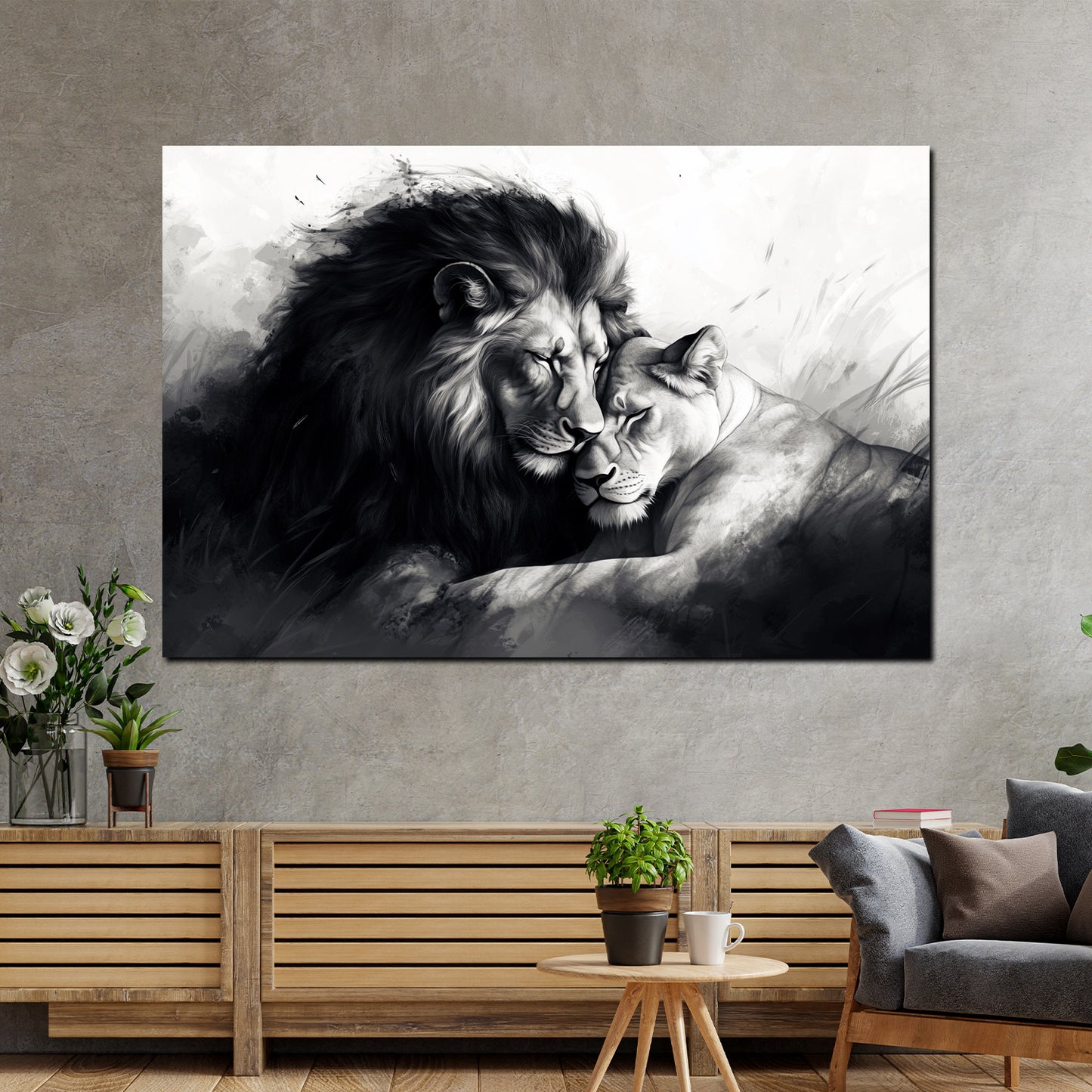 Coppia di leoni arte romantica bianco e nero quadro