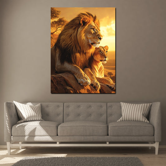 Coppia di leoni tramonto africano quadro