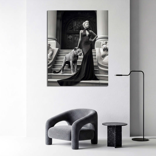 Donna abito elegante bianco nero scala leoni lusso quadro