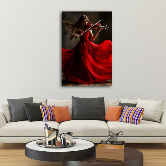 Donna violino vestito rosso atmosfera classica quadro