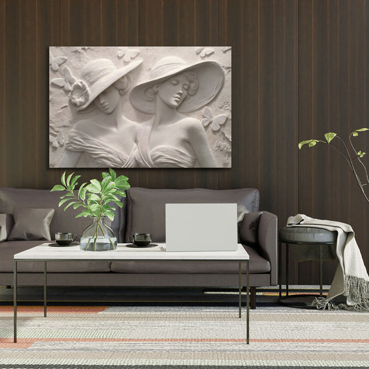 Donne eleganti ritratto con cappello farfalle rilievo decorativo quadro