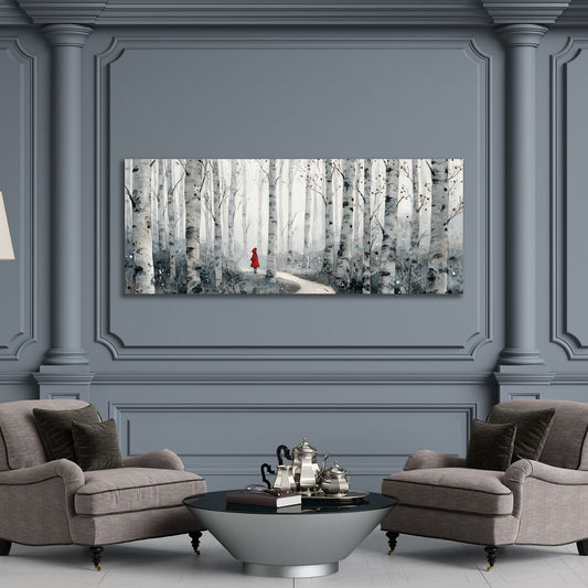 Foresta di betulle panorama sentiero nel bosco mantello rosso quadro