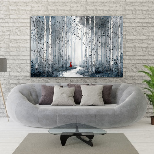 Foresta di betulle sentiero nel bosco figura con mantello rosso quadro