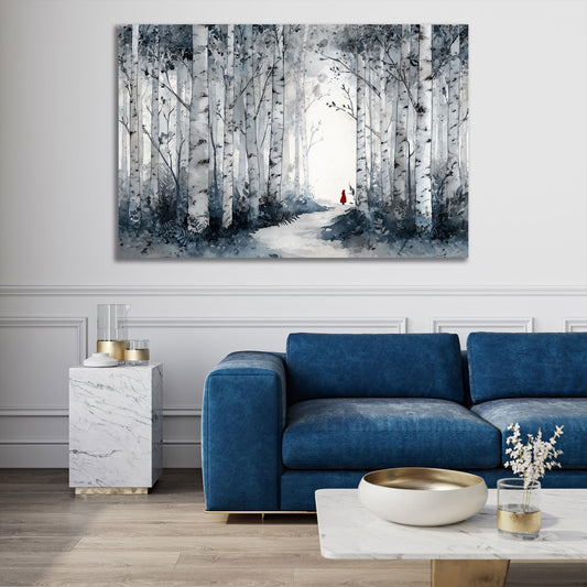 Foresta di betulle sentiero nel bosco figura con mantello rosso quadro