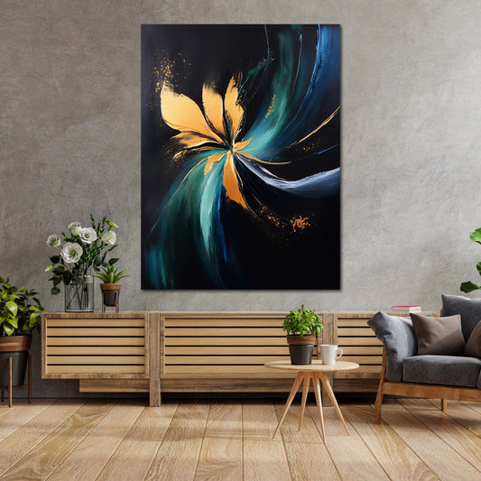 Forma astratta oro turchese effetto dinamico su sfondo scuro quadro