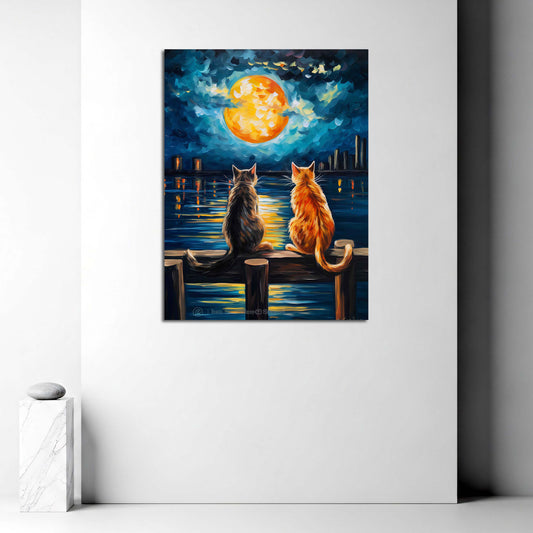 Gatti romantici luna piena lago notturno quadro