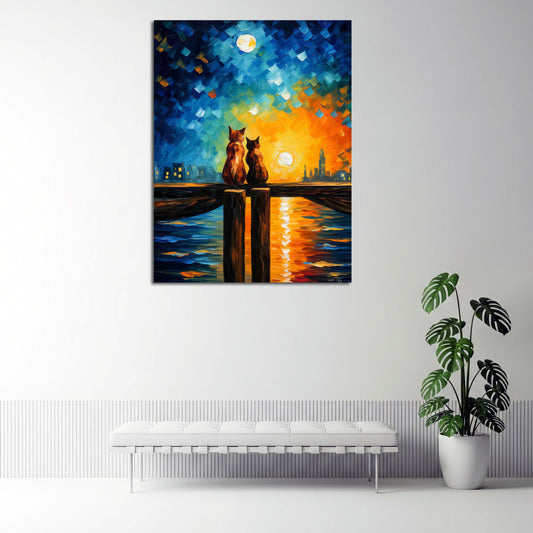 Gatti romantici tramonto sul mare città quadro