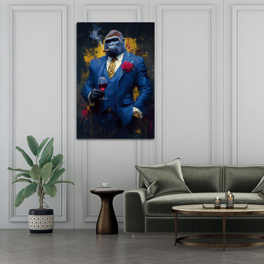 Gorilla in abito blu di lusso con vino e sigaro quadro