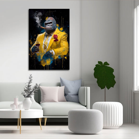 Gorilla in abito dorato con vino e sigaro pop art quadro