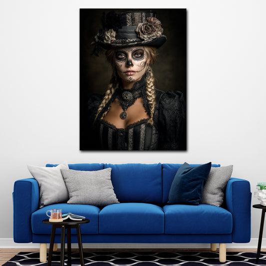 La Catrina donna gotica con cappello floreale quadro