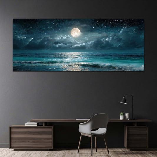 Luna piena e cielo stellato sul mare turchese panorama quadro