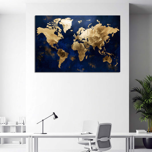 Mappa del mondo astratta blu con terre dorate moderno quadro