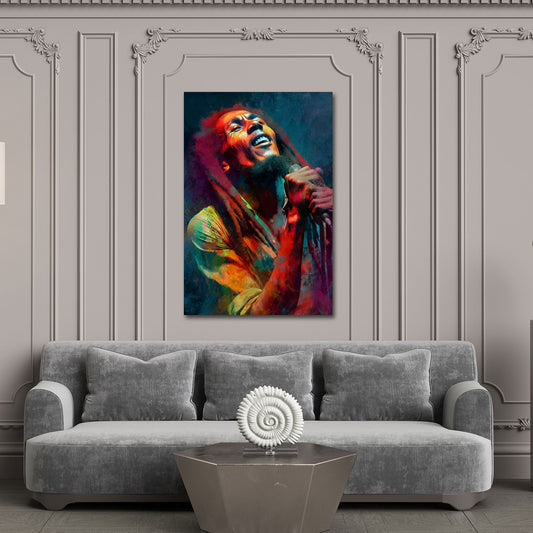 Marley cantante reggae microfono dreadlocks ritratto performance quadro
