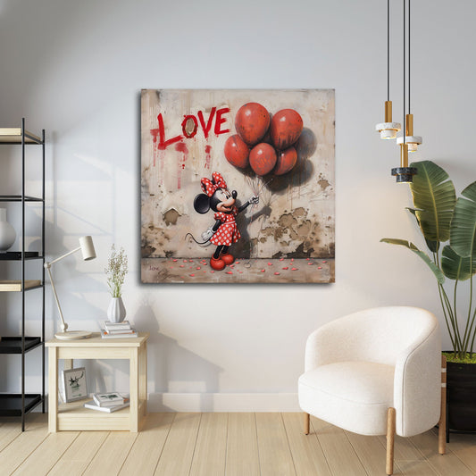 Topolina con palloncini rossi e scritta Love graffiti quadro