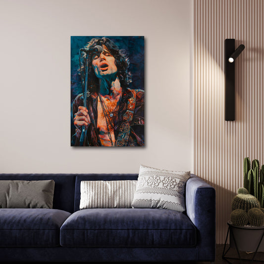 Morrison canta all'asta del microfono in colori scuri quadro