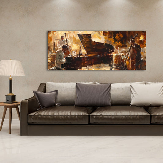 Musica jazz pianoforte contrabbasso colori caldi quadro