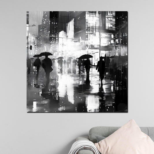 Quadro astratto città pioggia ombrelli notturno in bianco e nero
