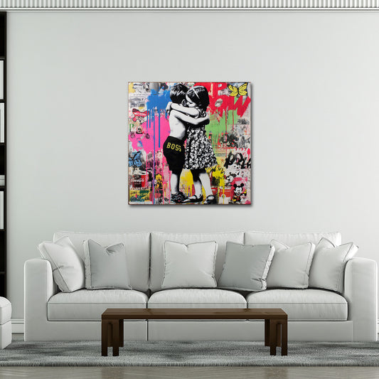 Pop Art bambini abbraccio amore collage colorato graffiti quadro