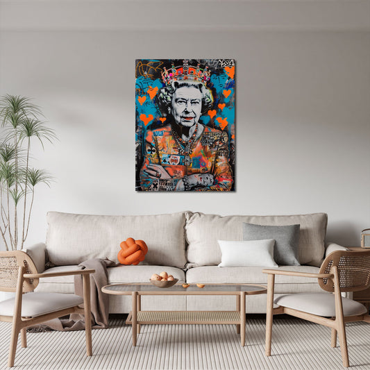 Queen con corona e cuori in collage Street Art colorato quadro