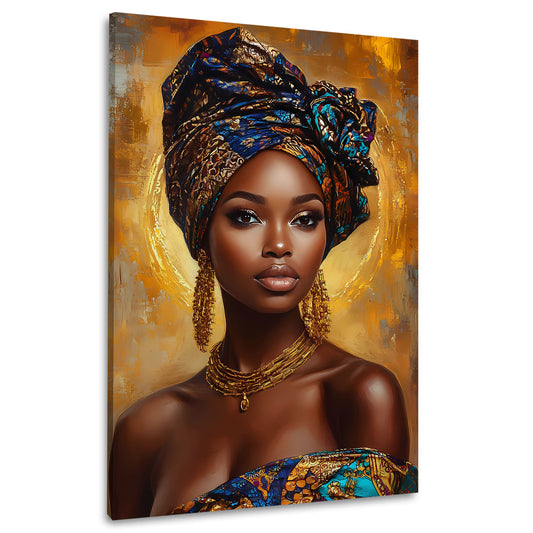 Ritratto africana con turbante gioielli eleganza oro quadro