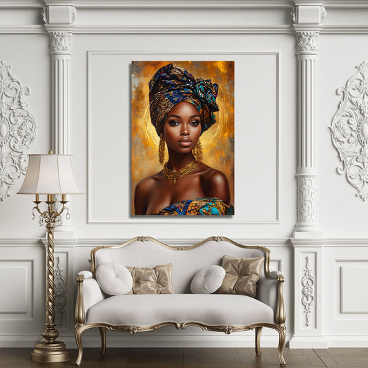 Ritratto africana con turbante gioielli eleganza oro quadro