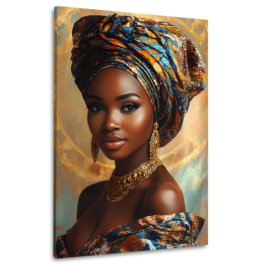 Ritratto africana elegante con turbante colorato oro quadro
