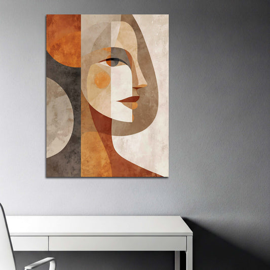 Ritratto astratto donna forme geometriche colori caldi quadro