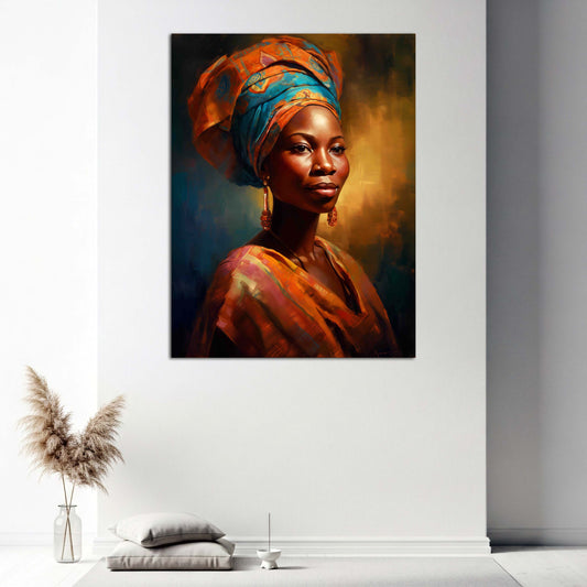 Ritratto donna africana turbante colorato luce calda quadro
