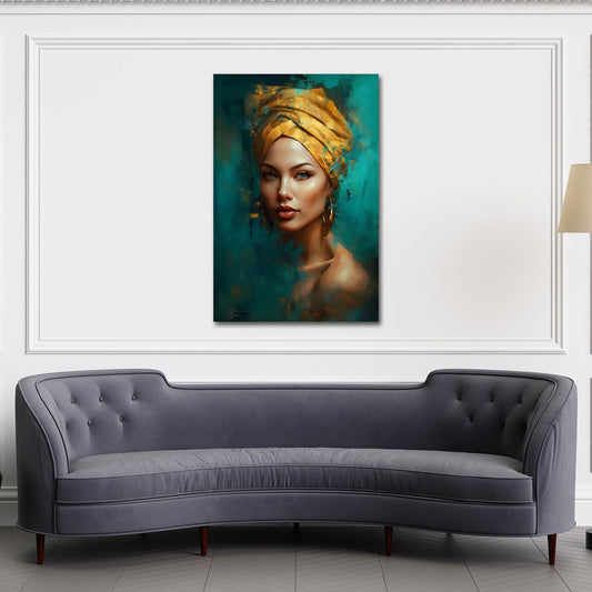 Ritratto donna bellissima turbante oro turchese elegante moderno quadro