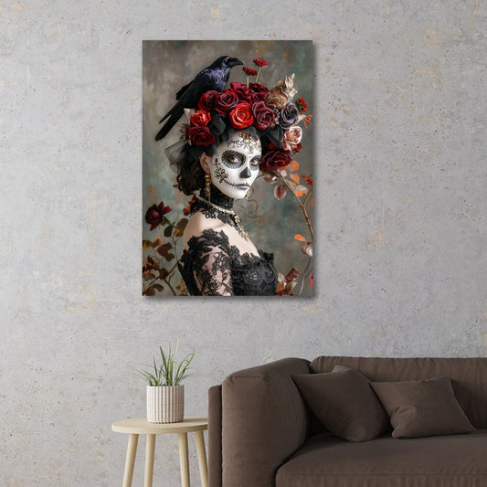 Ritratto la catrina con corvo e corona di rose rosse quadro