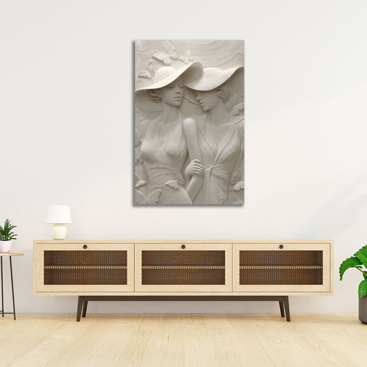 Scultura donne eleganti con cappelli grandi e farfalle quadro