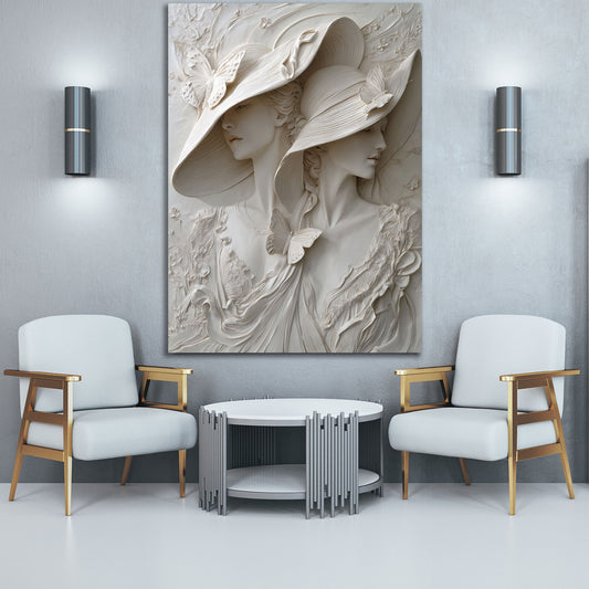 Scultura elegante donne con cappelli farfalle arte rilievo quadro