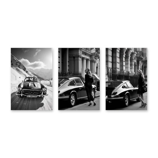 Set di 3 quadri Auto d’epoca in bianco e nero – tre stampe su tela