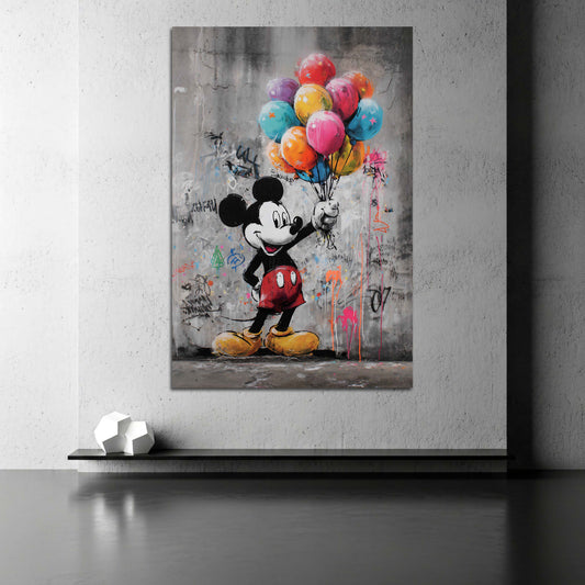 Street art topolina con palloncini vivaci e muro grigio quadro