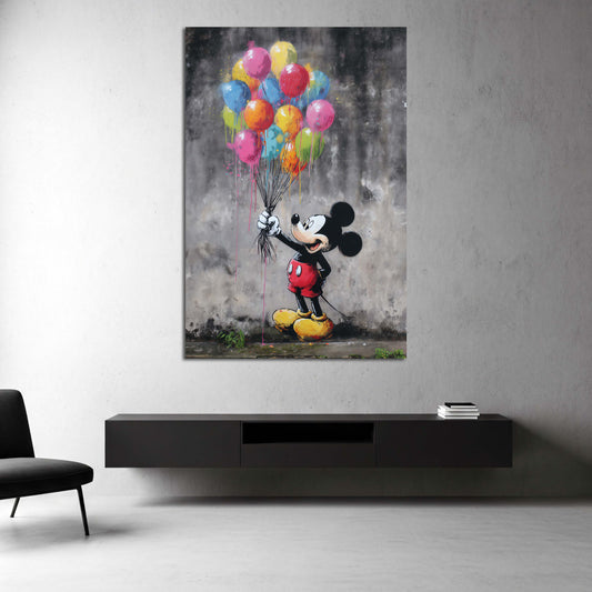 Street art topolino palloncini colorati muro grigio quadro