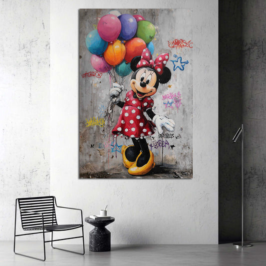 Topolina pop art con palloncini colorati e sfondo urbano quadro
