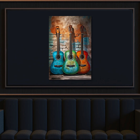 Tre chitarre colorate su muro di mattoni quadro