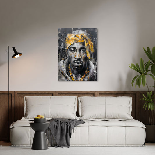 Tupac ritratto elegante in nero e oro con bandana quadro