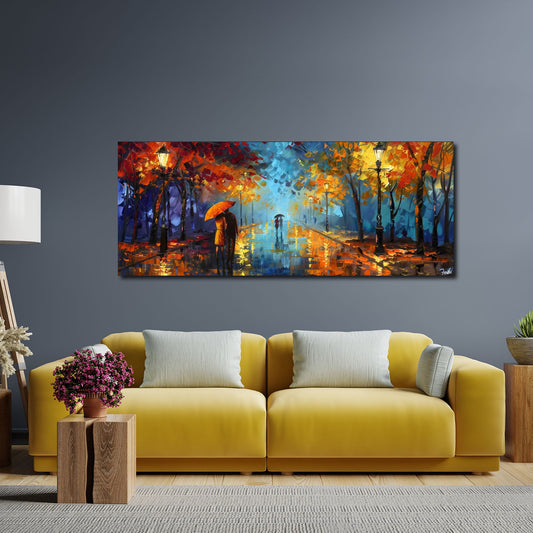 Viale autunnale sotto la pioggia con lampioni panorama quadro