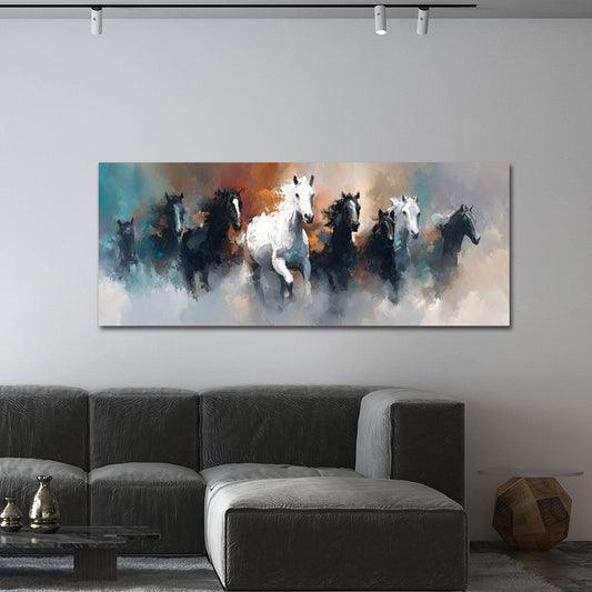 Cavalli bianchi guidano la mandria nella nebbia quadro