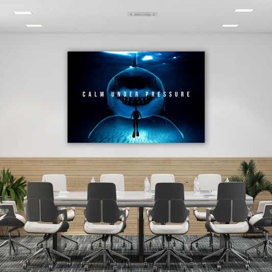 Quadro stampa su tela motivazionale Mindset squalo Calm Under Pressure Dark Style