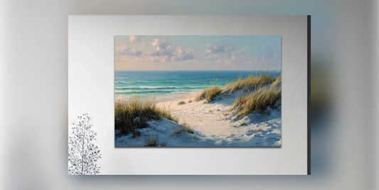 Quadro con dune di sabbia e mare nella luce del mattino su una parete chiara (visualizzazione d'ambiente)
